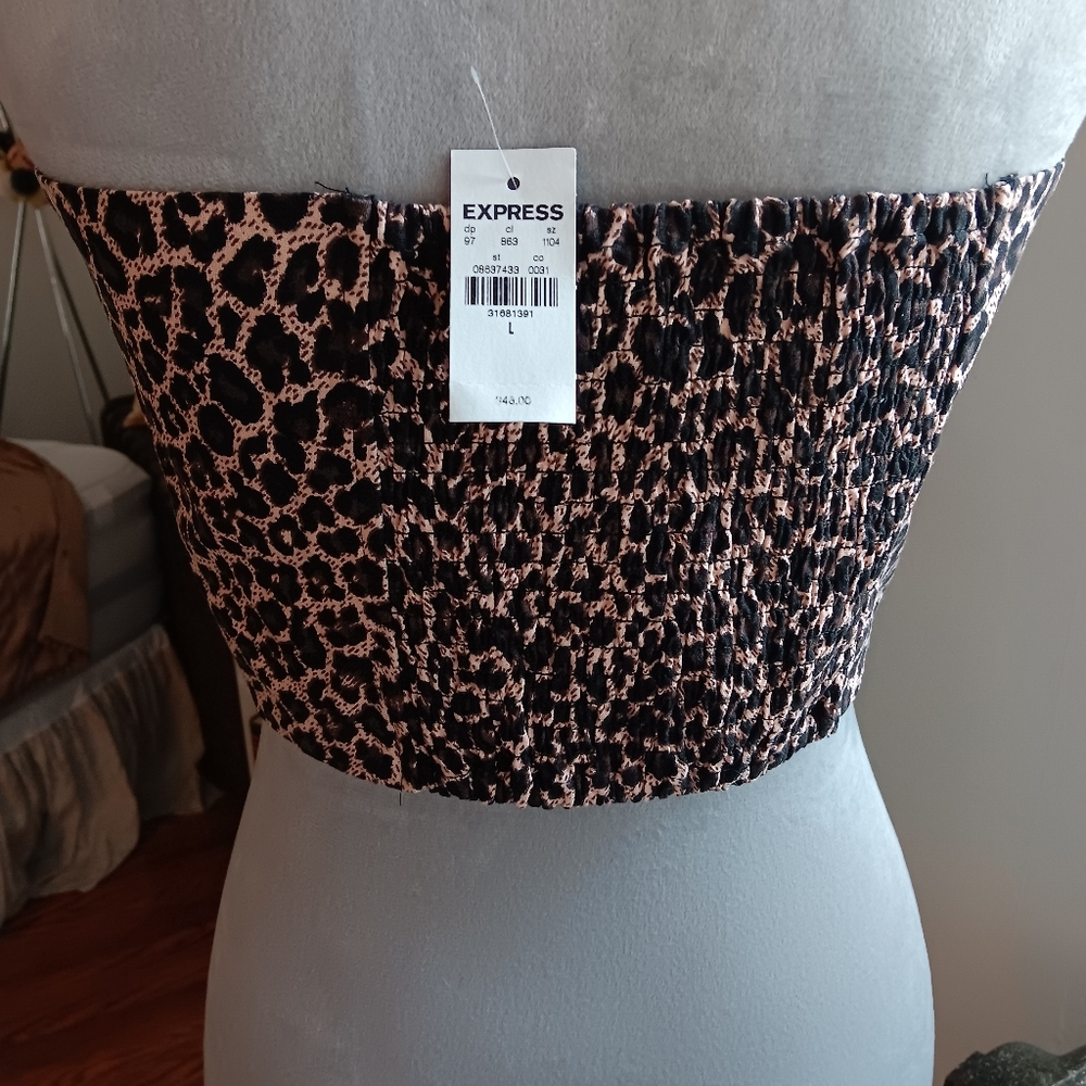 NWT Express Leopard Print AND Sandwash Linen-Blend Tie Front Bandeau Top 2 for 1